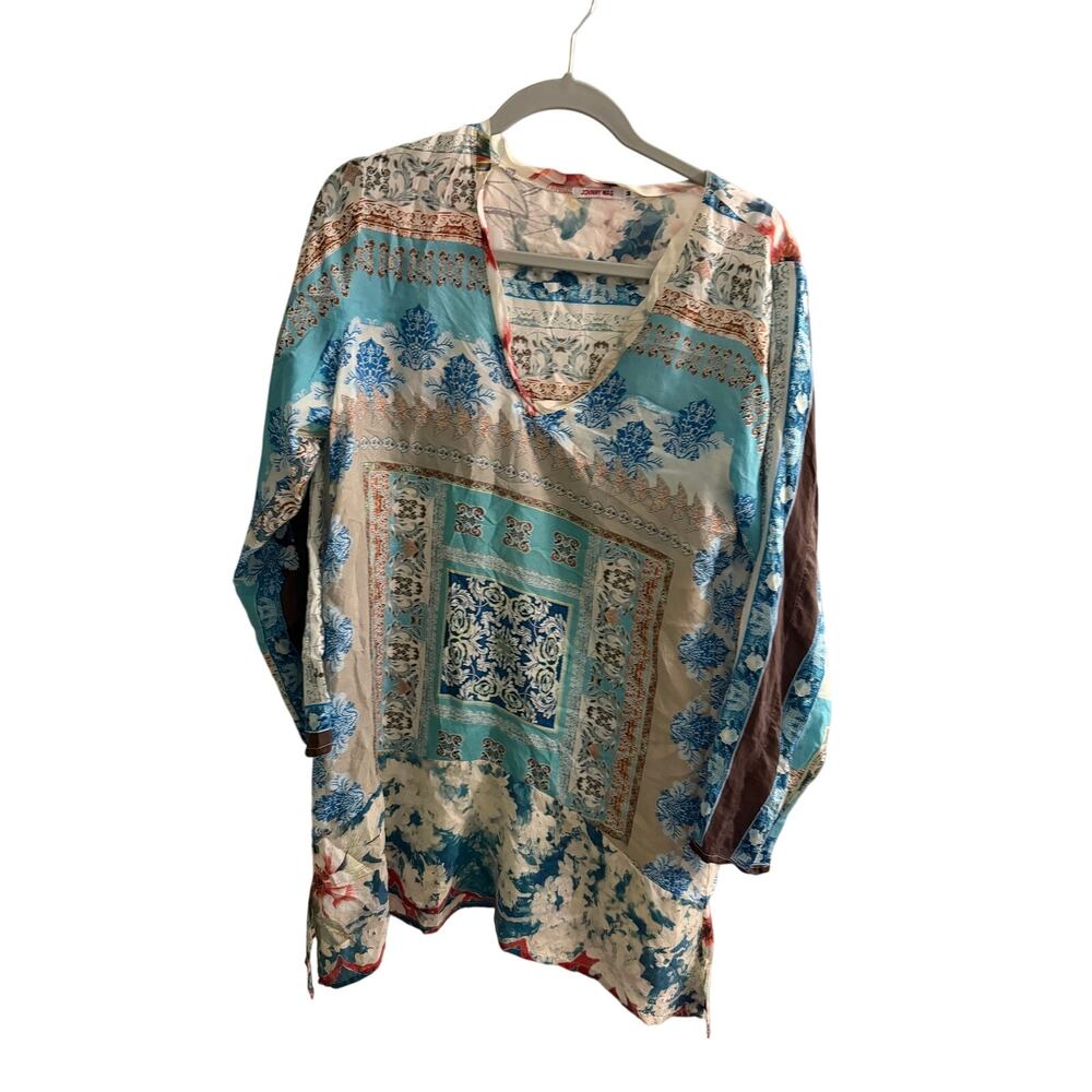 Johnny Was Top Women M Blue Silk Mixed Print Chapman Tunic Coastal Resortwear